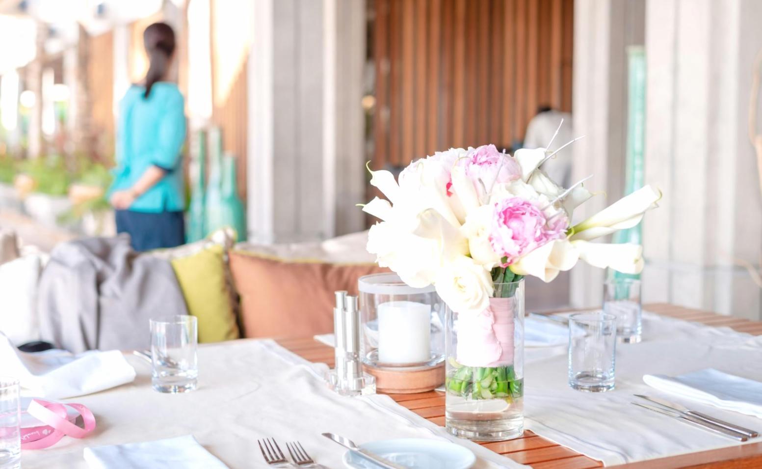 Elegant wedding decoration setup with soft lighting and natural elements